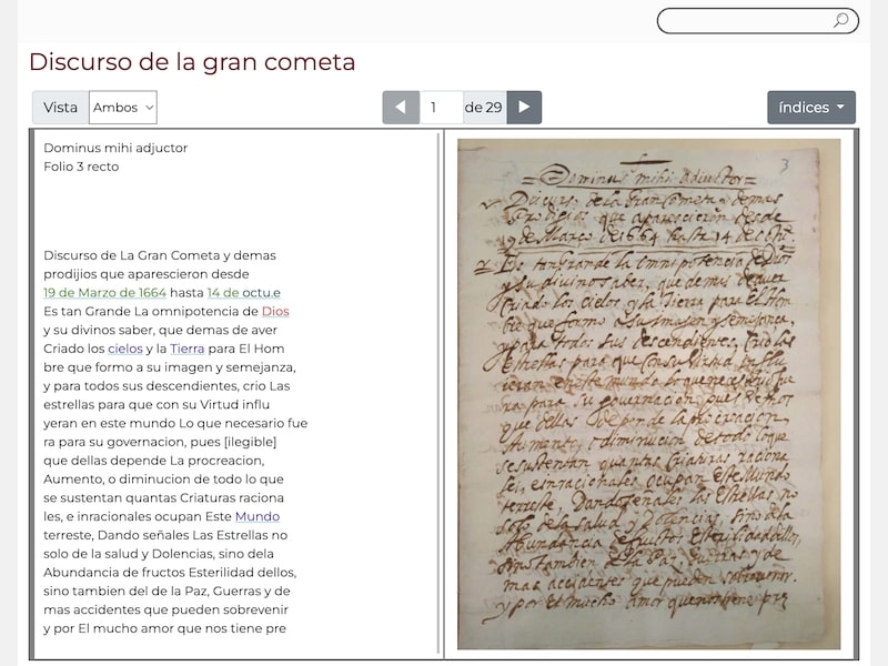 Una captura de un sitio web que representa una página escrita a mano y, al lado, una transcripción del manuscrito.