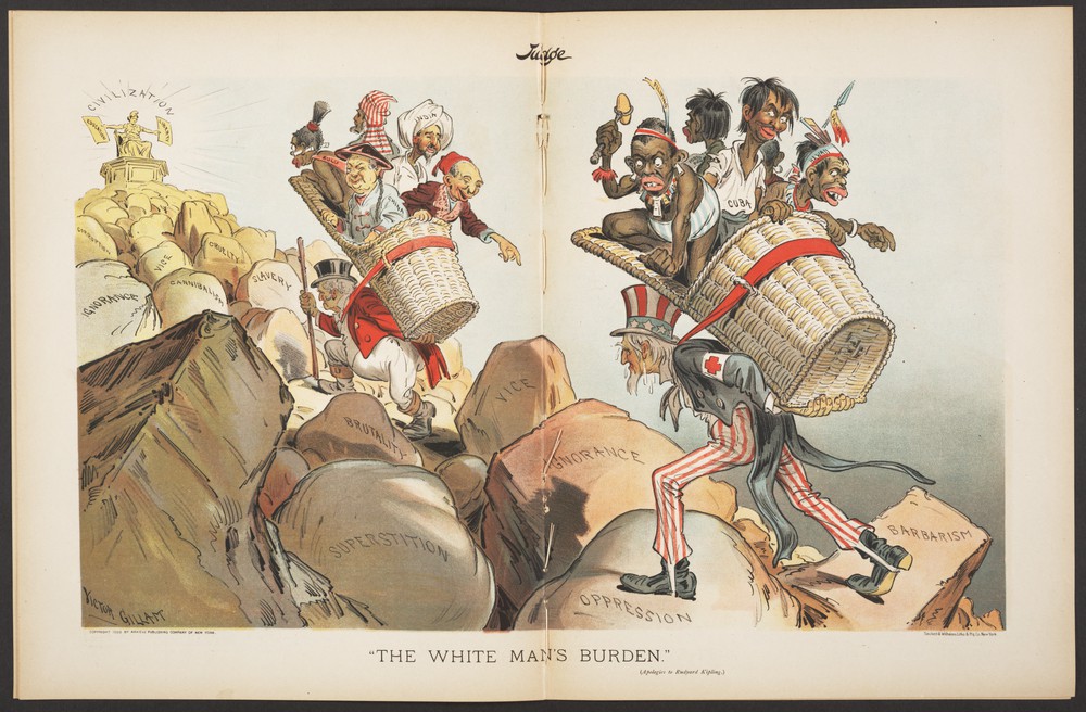 Dos personajes representando al Reino Unido a los Estados Unidos cargando sobre canastas a personajes estereotípicos de otras nacionalizadas: chinos, árabes, africanos, latinoamericanos.